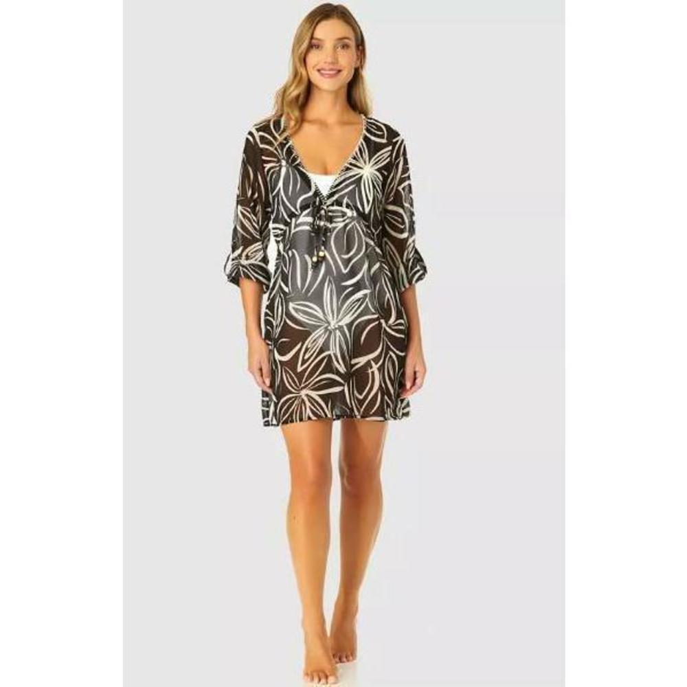 Ibiza Anne Cole Women's V-Neck Black/White Swimsuit Cover-Up Chiffon Dress S